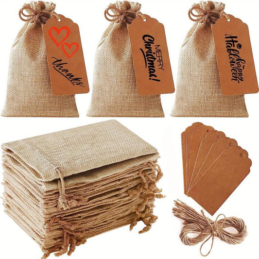 10 Sets Coarse Linen Gift Bags With Drawstrings, Tags and Ropes