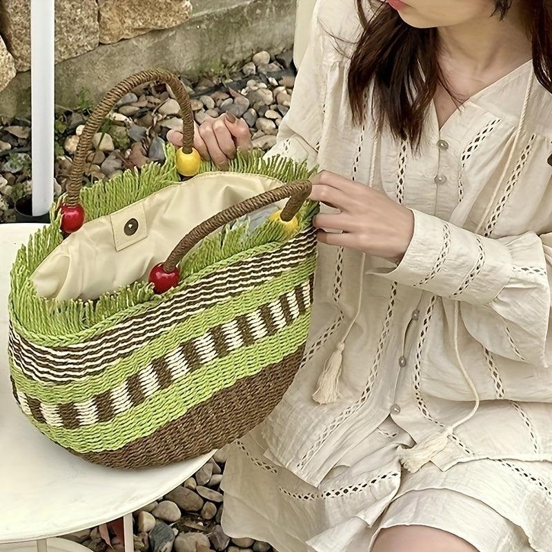 Beaded Straw Handheld Basket Bag with Tassels