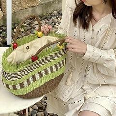 Beaded Straw Handheld Basket Bag with Tassels