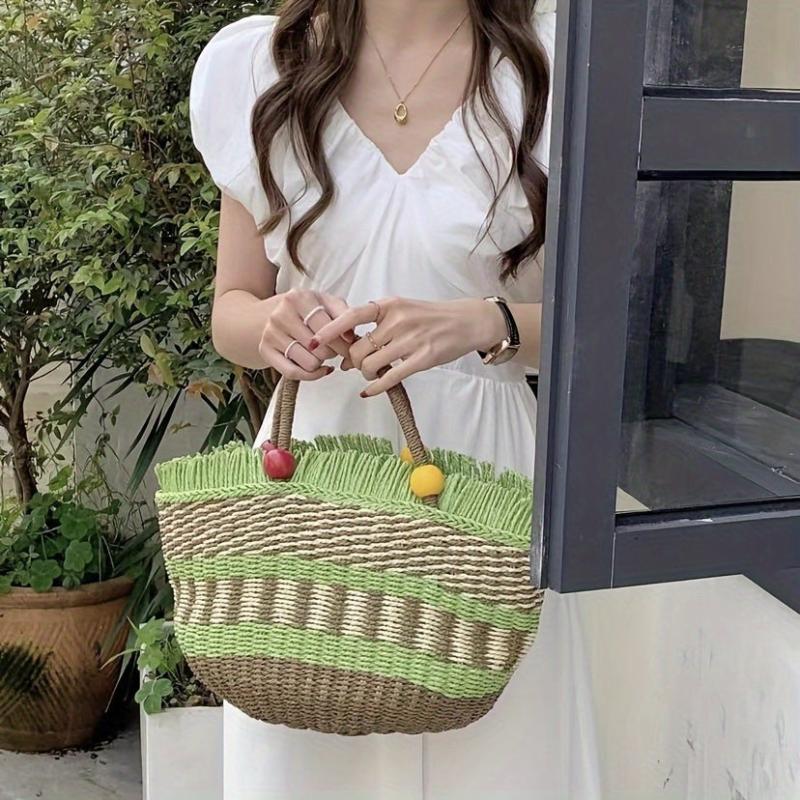 Beaded Straw Handheld Basket Bag with Tassels