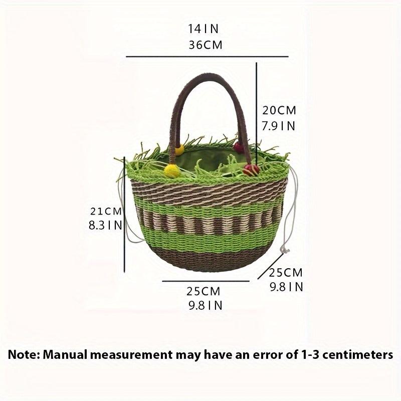 Beaded Straw Handheld Basket Bag with Tassels