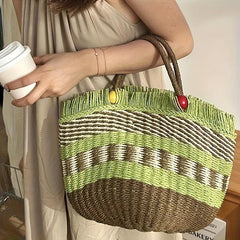 Beaded Straw Handheld Basket Bag with Tassels
