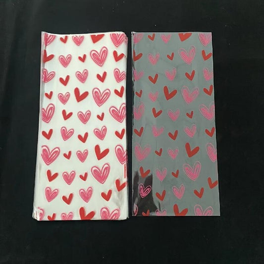 100pcs Doodle Heart Cellophane Candy Bag + 100pcs Golden Ties