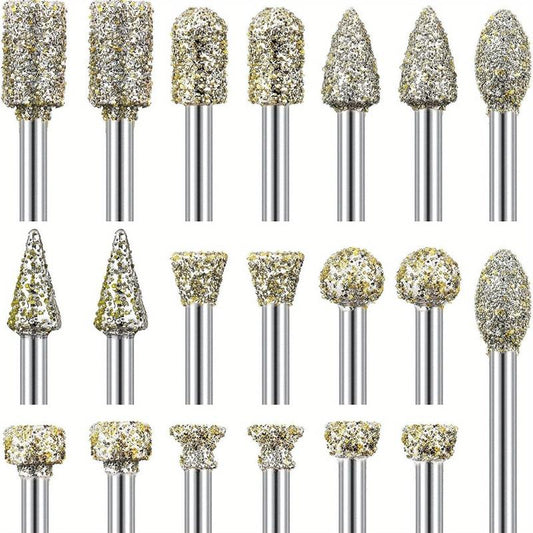 20pcs Diamond Grinding Burr Drill Bit Set with 2.54, 2.0, and 3.2cm Shank