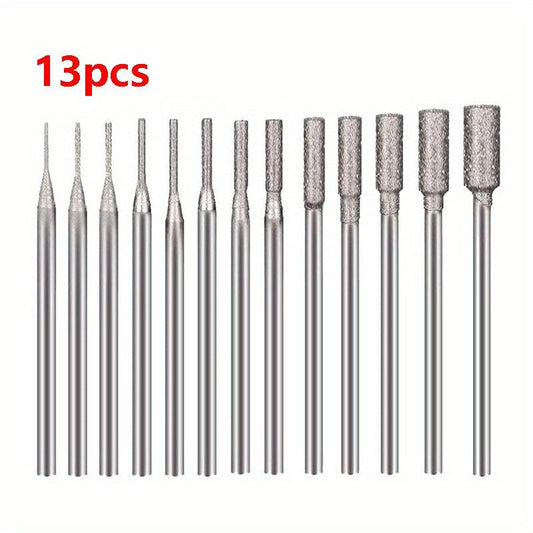13pcs Diamond Burr Set Stone Carving Bit 3/32 Inch Shank Rotary Tool