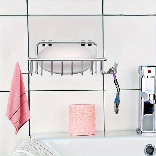 Stainless Steel Soap Dish Holder with 4 Hooks - Bathroom Shower Adhesive