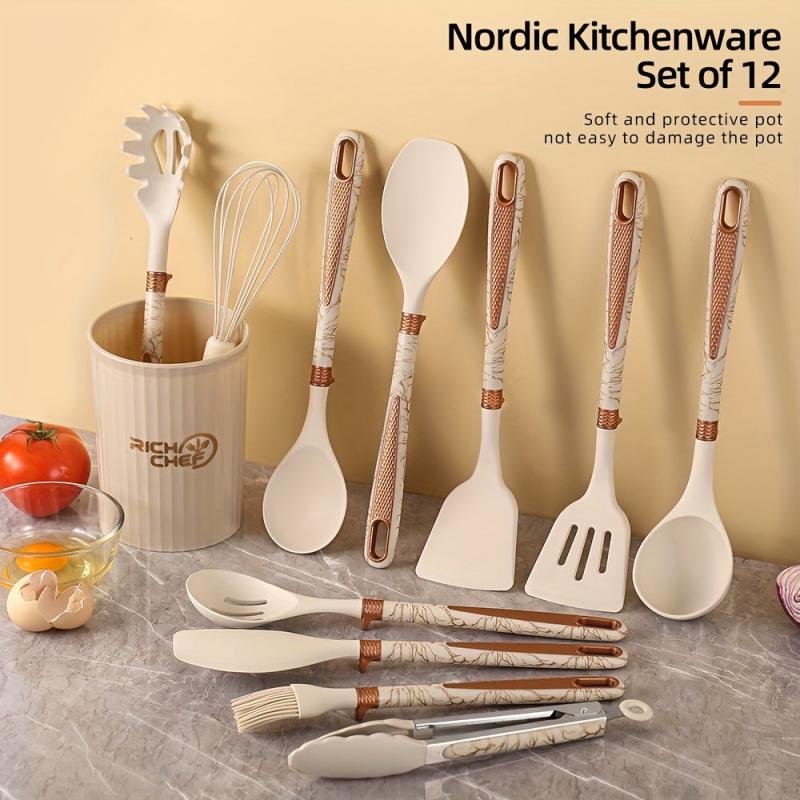 12pcs Silicone Kitchenware Set Cookware Spatula Spoon Whisk Brush Clip Storage