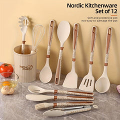 12pcs Silicone Kitchenware Set Cookware Spatula Spoon Whisk Brush Clip Storage