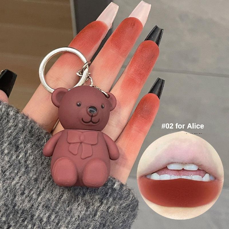 Gray Pink Matte Lip Glaze Bear Keychain Liquid Lipstick
