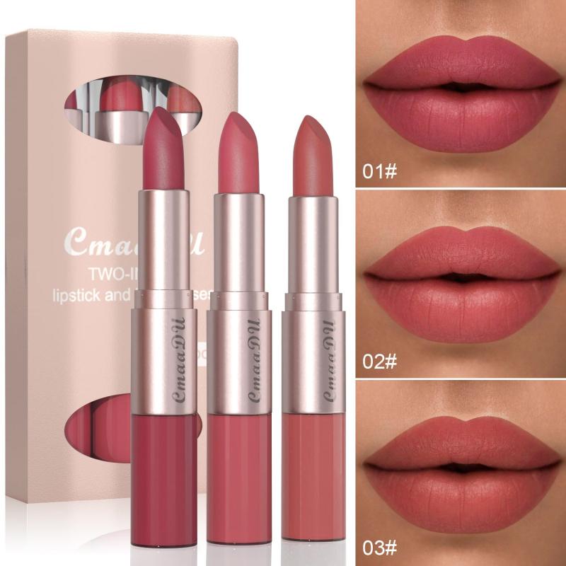 Long Lasting Lipstick & Lip Gloss Set Double Headed for Natural Lustrous Texture