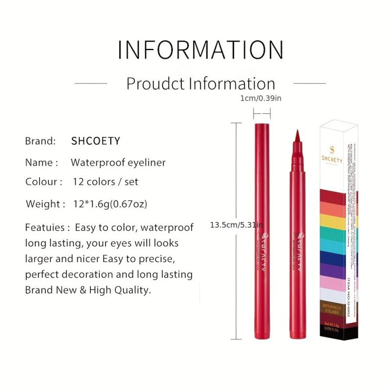 Long Lasting Waterproof Eyeliner Pen 12 Colors Smudge Proof Sweat Proof