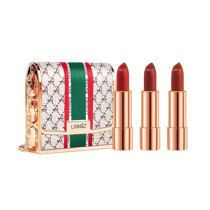 Matte Lipstick Set 3 Colors Lip Stick With Green Chain Bag