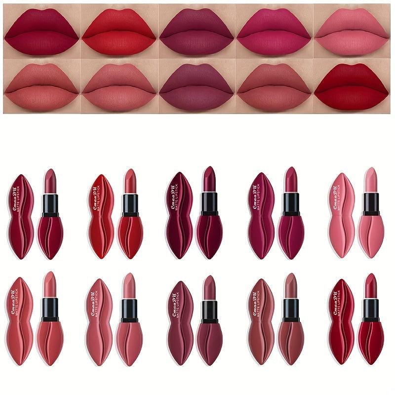 Velvet Matte Lipstick Set, 10 Colors, Long-Lasting Formula