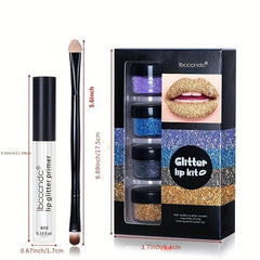 4-color Glitter Lip Gloss Kit with Primer Brush Waterproof Smudge Proof