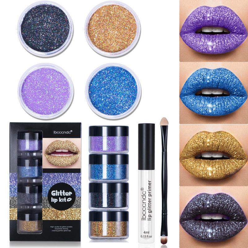 4-color Glitter Lip Gloss Kit with Primer Brush Waterproof Smudge Proof