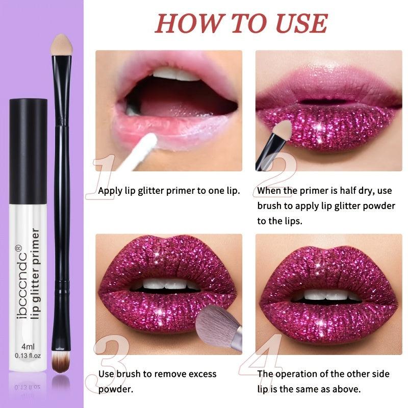 4-color Glitter Lip Gloss Kit with Primer Brush Waterproof Smudge Proof