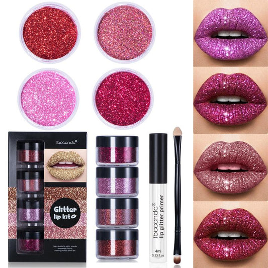4-color Glitter Lip Gloss Kit with Primer Brush Waterproof Smudge Proof