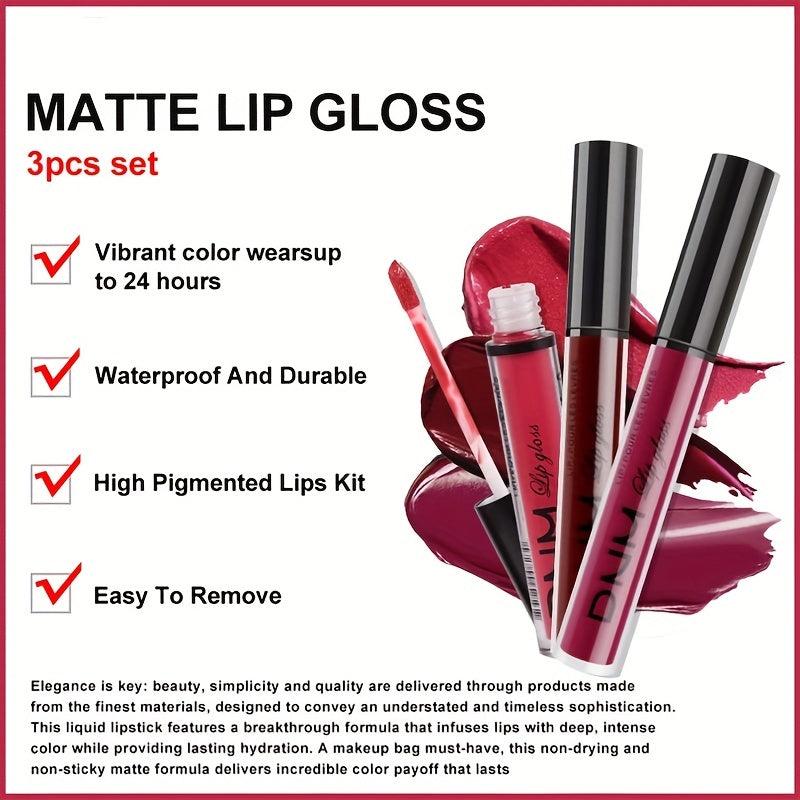 3Pcs Matte Liquid Lipstick Sets Dark Red Brown Lasting 24H Lip Glaze Set