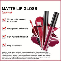 3Pcs Matte Liquid Lipstick Sets Dark Red Brown Lasting 24H Lip Glaze Set