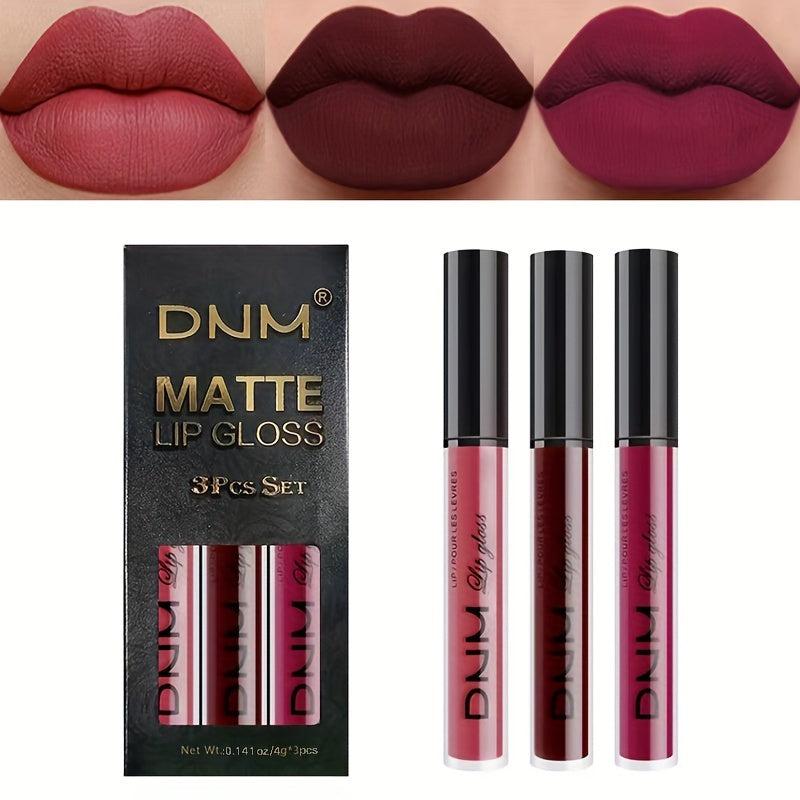 3Pcs Matte Liquid Lipstick Sets Dark Red Brown Lasting 24H Lip Glaze Set