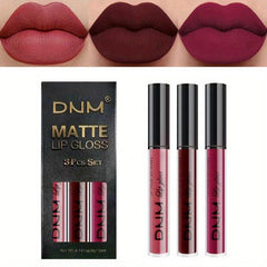 3Pcs Matte Liquid Lipstick Sets Dark Red Brown Lasting 24H Lip Glaze Set