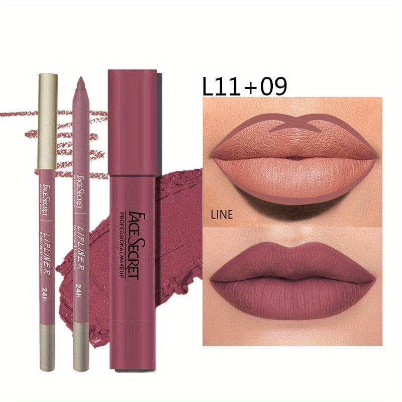 Waterproof Lip Gloss & Lip Liner Combo for Matte, Plumping Lips
