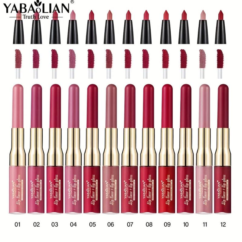 YABAOLIAN 12 2 In 1 Lip Gloss Lip Liner Bright Lips Matte Waterproof