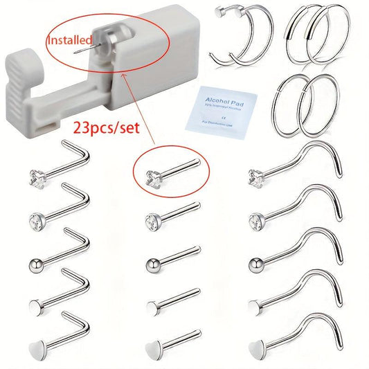 23pcs 316L Steel Sterile Nose Ring Stud Piercing Kit Gun Tool Earring Machine