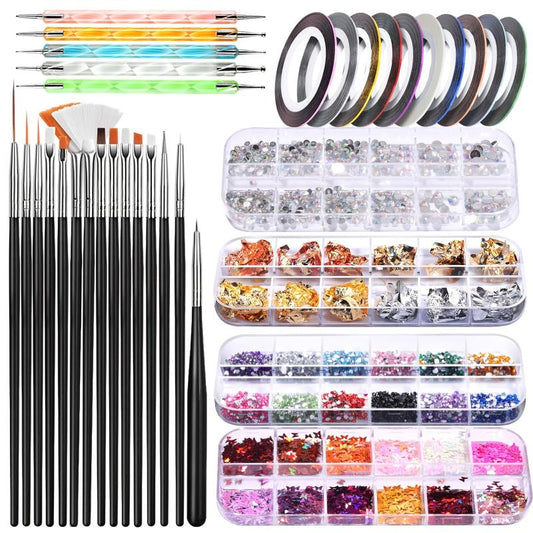 Nail Art Brushes Dotting Tools Kit for Beginners Rhinestone Foil Striping Tapes