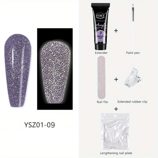Reflective Glitter Nail Gel Kit with Nail File - 24pcs Nail Tips