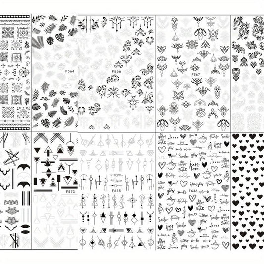 10pcs Nail Art Stickers Hearts Letters Willow Totem Charms Accessories