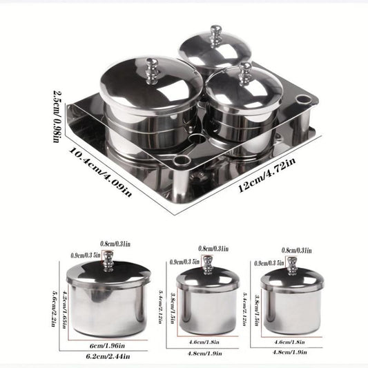 3pc Stainless Steel Acrylic Liquid Powder Container w/ Lids Nail Tools