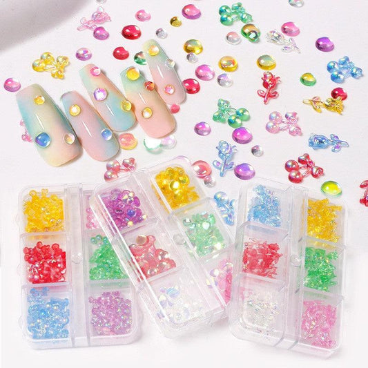 3D Cherry Rhinestones in 6 Grids Nail Bead Aurora Candy Rhinestones