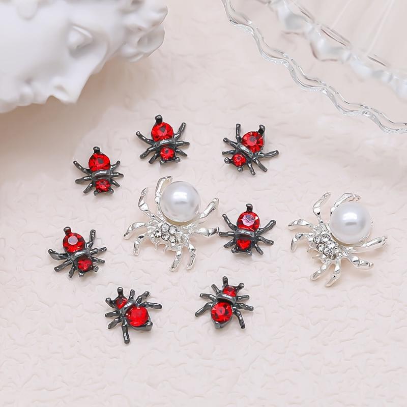 10pcs Halloween Spider Nail Art Charms With Rhinestones Pearls