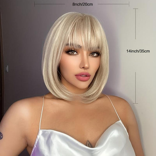 Short Straight Bob Wigs With Bangs Natural Synthetic Fiber Hair Replacement Wigs