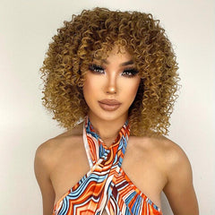 Short Curly Kinky Afro Wigs With Bangs Synthetic Hair Replacement