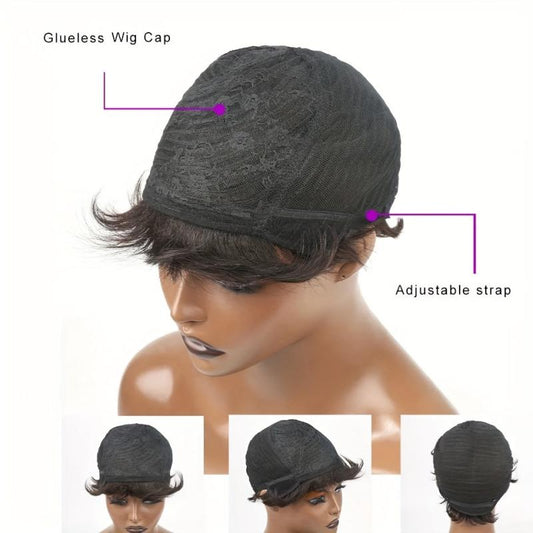 Pixie Cut Human Hair Wig 15 24 Cm Short Straight Machine Wig With Bangs
