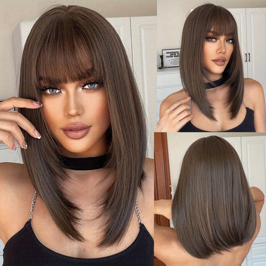 Chestnut Brown Short Straight Wigs With Bangs Synthetic Heat Resistant Wigs