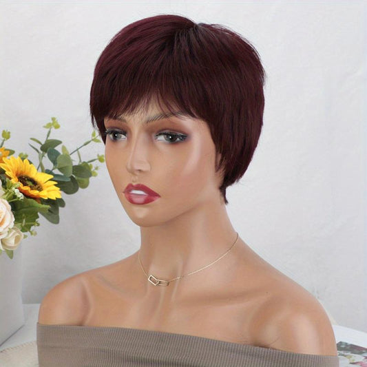 10 16 Cm Red Short Pixie Cut Wigs With Bangs Synthetic Rose Net Hair Wigs