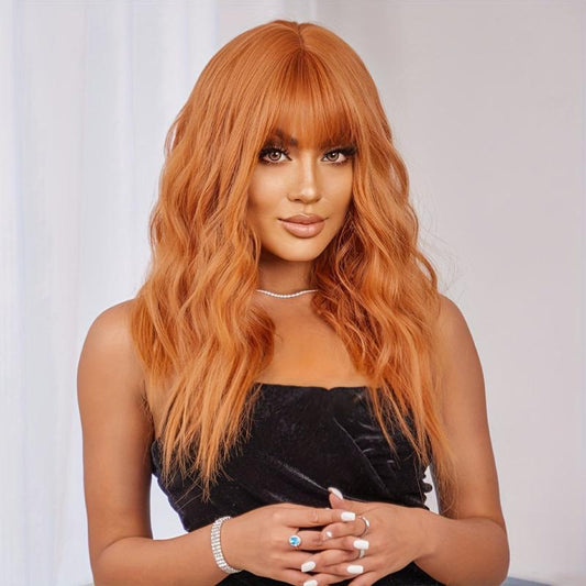 60 96 Cm Ginger Orange Loose Wave Hair Wigs With Bangs Synthetic Fiber Hair Wigs