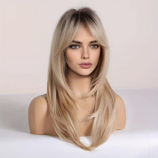 Long Curly Ombre Blonde Wig with Dark Roots Synthetic Layered Wig for Women