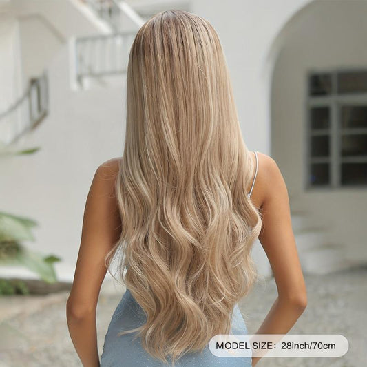 71 12 Cm Long Curly Wavy Brown Blonde Highlight Middle Part Synthetic Wigs