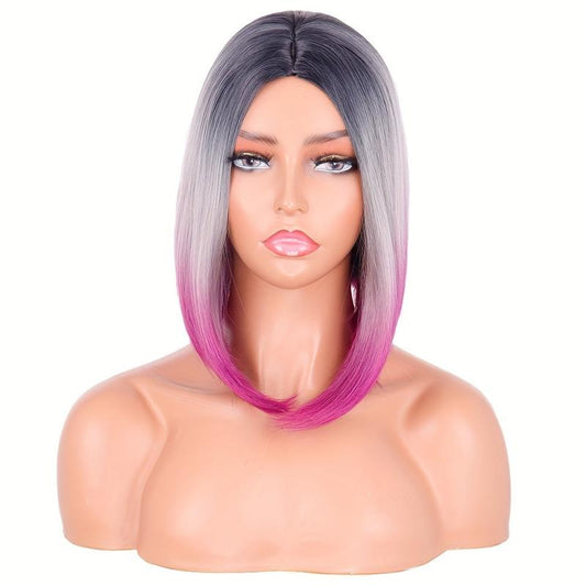 Colorful Short Straight Bob Wig with Curly Ends Ombre Synthetic Hair Replacement