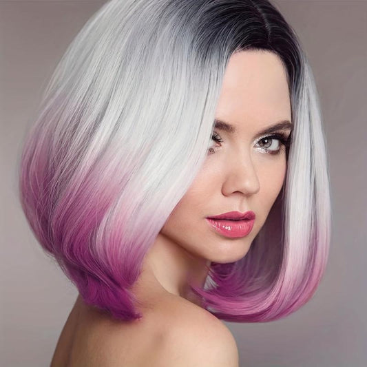 Colorful Short Straight Bob Wig with Curly Ends Ombre Synthetic Hair Replacement