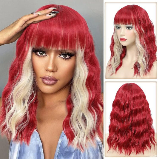 Red Bob Wig With Bangs Short Wavy Wig With Bangs Red And Highlight Bob Wig