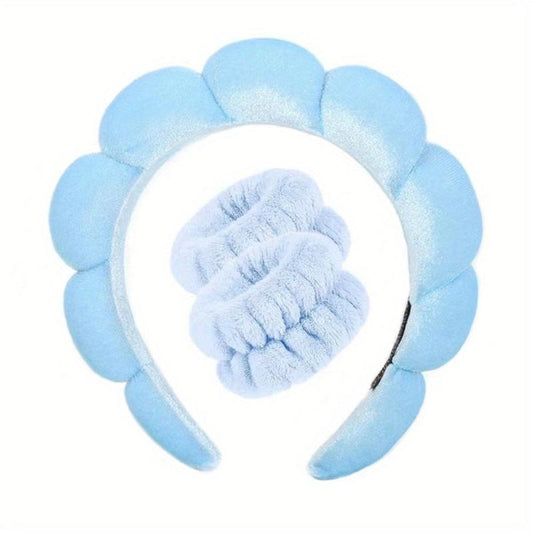 Puffy Spa Headband with Washing Wristbands for Women