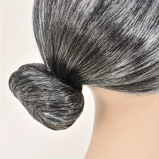 Grey Grandma Costume Wig with Hair Bun for Halloween Cosplay