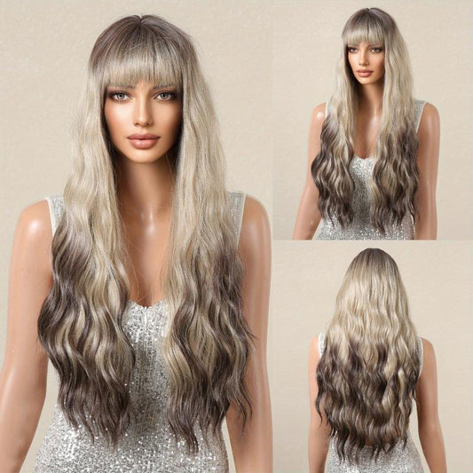 71 12 Cm Champagne Blonde Wavy Curly Highlight Wig with Bangs