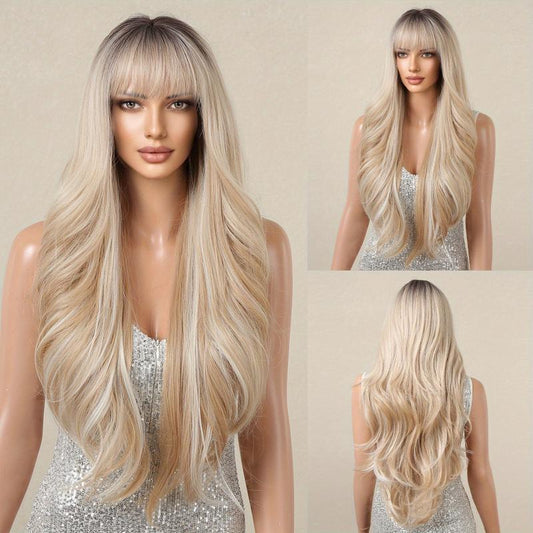 71 12 Cm Champagne Blonde Wavy Curly Highlight Wig with Bangs