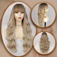 Ombre Long Curly Wavy Wig With Bangs Synthetic Heat Resistant Natural Look